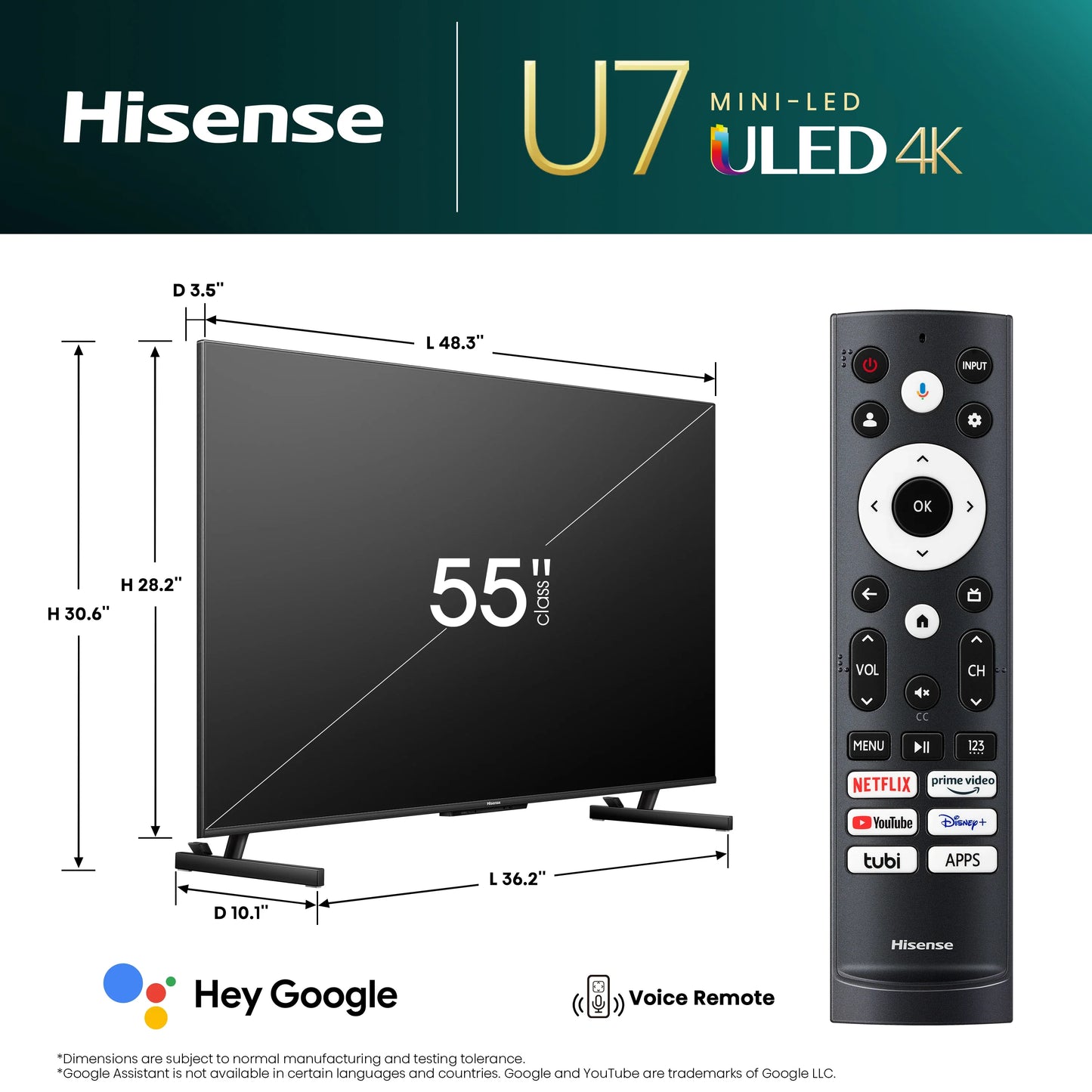 Hisense 55” 55U7K Class U7 Series Mini-LED ULED 4K Google TV - Refurbished