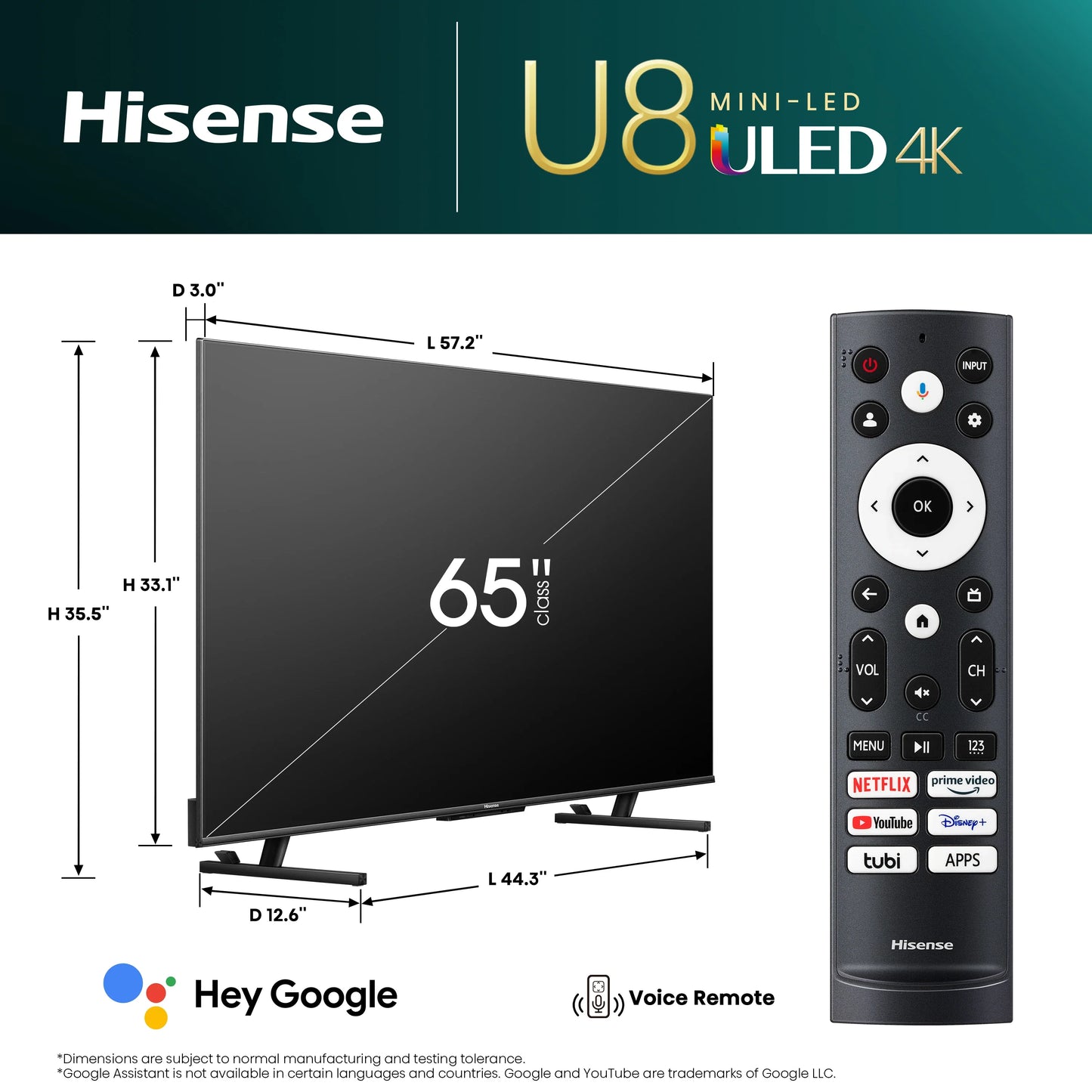 Hisense 65” 65U8K Class U8 Series Mini-LED ULED 4K Google TV - Refurbished