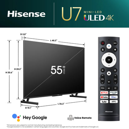 Hisense 65” 65U7K Class U7 Series Mini-LED ULED 4K Google TV - Refurbished