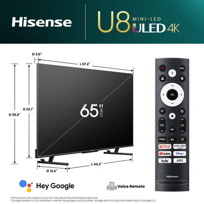 Hisense 65” 65U8K Class U8 Series Mini-LED ULED 4K Google TV - Refurbished